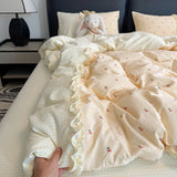 Korean Pink Gingham Bedding Sets With Cherry Cute Girls Striped Duvet Cover Wash Cotton Soft Bed Sheet Set Quilt Cover
