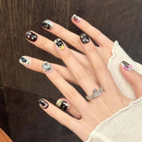 10pcs Handmade False Nails Art Wearable Cartoon Cute Cat Pattern Short Square Press on Nails Tips Bow Design Black Fake Nail Set