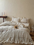 Vintage French Large Lace Ruffles Floral Embroidery Linen Cotton Bedding Set Duvet Cover Flat/Fitted Bed Sheet Pillowcases 4Pcs