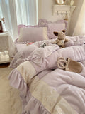 Princ Sle Coral Fce Bedding Set with Lace Milk Velvet Floing Skin-friendly Four-piece Bedding Set French Sle Acti...