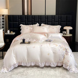 Luxury Bedding Set Butterfly Embroidery Lace Ruffles Ice Silky Soft Summer Bed Set Duvet Cover Set Bed Sheet Pillowcases 4Pcs