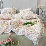 Floral Bedding Set Lace Trim Simple Fresh Elegant Flat Fitted Sheet With Pillowcases Soft Washed Cotton For Women Girl Gift