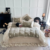 Flowers Prints Pleated Ruffles Princess Bedding Set 100% Cotton Double Layer Yarn Duvet Cover Quilted Bedspread Pillowcases 4Pcs