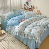 Ins Princess Romantic Duvet Cover Korean Floral Bedding Set Flat Sheet Set Skin-Friendly Washed Cotton Women Girls Bed Linen Set