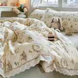 Korean Style Girly Heart Floral Double Layer Gauze Four-Piece Set Princess Style Lace Trim Quilt Cover Bed Sheet Dormitory