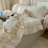 Korean Princess Style Flowers Print Ruffles 100% Cotton Bedding Set Duvet Cover Plaid Flat/Fitted Bed Sheet Pillowcases 3/4Pcs