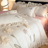 Flowers Embroidery Ruffles Thickened Soft Warm Velvet Bedding Set Queen King Size Plush Duvet Cover Set Bed Sheet Pillowcases