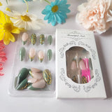 3D Flower Acrylic Fake Nail Press on Nails Glossy Green Glitter Stick on Fingernail French Tips Medium Almond False Nails 24Pcs