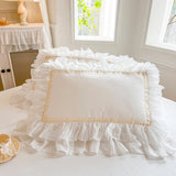 4/6Pcs White Pink 100% Cotton Princess Wedding Bedding Set Three Layers White Chiffon Lace Duvet Cover Set Bed Skirt Pillowcases