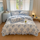 Romantic Flowers Prints Bedding Set Korean Style 100% Cotton Lace Princess Wedding Duvet Cover Bed Skirt Bedspread Pillowcases