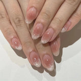 24Pcs Nude Pink Nail Tips Short Round Head False Nails with Design Wearable Finished Fake Nails Full Cover Press on Nails