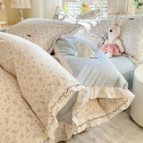 Korean Princess Style Floral Prints Ruffles Bedding Set Double Layer Yarn 100% Cotton Duvet Cover Pillowcases Bed Sheet 4Pcs
