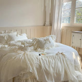 4Pcs Lace Ruffles Bow Wedding Bedding Set Pure Cotton Duvet Cover Set Double Layer Lace Quilted Bedspread Bed Sheet Pillowcases