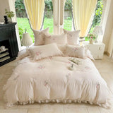 Rose Flowers Embroidery Lace Ruffles Princess Bedding Set 100% Cotton Duvet cover Set Bed Sheet Fitted Sheet Pillowcases 4Pcs