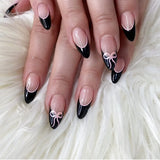 Y2K Girls Fake Nails Black French Style Almond Press on Nails Pink Bowknot Designs Korean Charms False Nails Women DIY Manicure