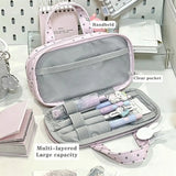 Pink Polka Dot Plaid Pencil Case Handheld Multi-Compartment Pen Bag with Clear Itabag Large Capacity Stationery Bag Gift