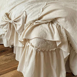 French Vintage Princess Style 4-Piece Bedding Set – Cotton Linen Blend with Lace and Bow Trim, Duvet Cover & Bedspread