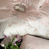 600TC Lyocell Bamboo Fiber Soft Silky Bedding Set Pink Flowers Embroidery Duvet Cover Flat/Fitted Bed Sheet Pillowcases 3/4Pcs