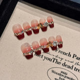 10Pcs Autumn Handmade Press on Nails Gradual Change Acrylic Rhinestone Full Cover Gold Leaf False Nails French Wearable Ballet