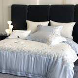 4Pcs Blue Pink Luxury Butterfly Flowers Embroidery Bedding Set Egyptian Cotton Duvet Cover Bed Sheet/Fitted Sheet Pillowcases