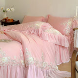 Elegant Lace Rose Embroidery Bedding Sets French Style Luxury 100% Cotton Pink Princess Ruffles Quilt Cover Bed Skirt Pillowcase