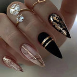 24Pcs Black Y2k Fake Nails with Diamond Halloween Long Almond False Nail Butterfly Design Wearable Oval Press on Nails Tips