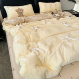 Ikeehome  Adorable  Knot Milk Velvet Four Piece Bedding Set Warm Coral Fce Bed eet Cover Duvet Cover Cute Winter Bed Linens