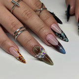 24pcs Long Almond False Nails Black French Ballerina Press on Nails Y2k Flower Bow with Leopard Print Full Cover Fake Nail Tips