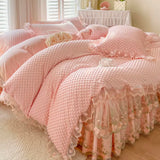 4/6Pcs Milk Velvet Flower Lace Ruffles Luxury Bedding Set King Queen Size Duvet Cover Quilted Bed Skirt Bedspread Pillowcases