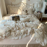 Korean Princess Style Flowers Print Ruffles 100% Cotton Bedding Set Duvet Cover Plaid Flat/Fitted Bed Sheet Pillowcases 3/4Pcs