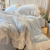 4Pcs Vintage Carved Velvet Lace Ruffles Princess Wedding Bedding Set Queen King Duvet Cover Set Fitted/Flat Sheet Pillowcases