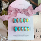 10Pcs Pure Glitter Short Square Handmade Press On Nails Full Cover Cat Eye Design Aurora False Nails Wearable Manicure Nail Tips