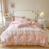 100% Cotton Flowers Lace Embroidery Ruffles Princess Weding Bedding Set Duvet Cover Quilted Bed Skirt Bedspread Pillowcases 4Pcs