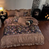 Vintage Flower Prints Organza Lace Ruffles Egyptian Cotton Bedding Set Duvet Cover Bed Sheet/Bed Skirt/Fitted Sheet Pillowcases