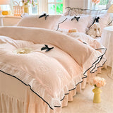 Korean Princess Style With Black Bow Lace Ruffles Pleat Milk Velvet Bedding Set Bedroom Decor Duvet Cover Bed Sheet Pillowcase