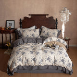 4Pcs Vintage French Flower Prints Lace Ruffles 100% Cotton Double Yarn Bedding Set Duvet Cover Flat/Fitted Bed Sheet Pillowcases