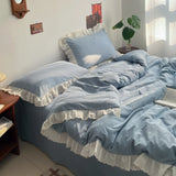 INS Princess Style Bedding Sets Ruffle Lace Bow Quilt Cover Home Romantic Bedclothes Decor Woman Girls Bedroom Duvet Cover 4pcs