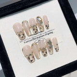 10Pcs Autumn Handmade Press on Nails Brown Leopard Print Design False Nail French Rhinestone Artificial Ballet Wearable Manicure
