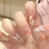 10Pcs Handmade Press on Nails Full Cover Shiny Butterfly Rhinestone French Ballet Design False Nails Wearable Manicure Nail Tips