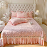 Luxury Velvet Fleece Flowers Lace Ruffles Quilted Bedspread, Mattress Cover, Bed Skirt, Bed Sheet Set, With Pillowcases, 3Pcs