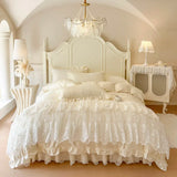 4/6Pcs Princess Wedding Bedding Set 600TC Egyptian Cotton Double Layer Lace Ruffles Duvet Cover Bed Skirt Bedspread Pillowcases
