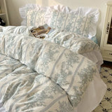 Gentle Floral Print Bedskirt Bedding Sets Skin Friendly Comfortable Duvet Cover Set with Lace Romantic Bedclothes for Girls
