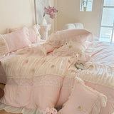 Princess Style Lace Ruffles Wedding Bedding Set Korean Soft Rose Flowers Four-Piece Set Duvet Cover Bed Sheet Pillowcase 4Pcs