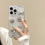 Cute 3D Love Heart Y2K Bow Spicy Girl Phone Case For iPhone 15 14 13 16 11 12 Pro Max Epoxy Transparent Soft Shockproof Cover