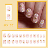 Cute Press on Nails Short Square Fake Nails with Bee Flower Design Spring Summer Floral Press on False Nails Glossy Glue on Nail