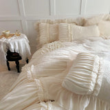 Pink Princess Style Pleated Lace Ruffles Carved Velvet Warm Soft Bedding Set Duvet Cover Flat/Fitted Bed Sheet Pillowcases 4Pcs