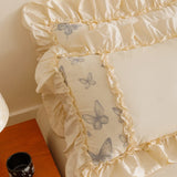 Egyptian Cotton Butterfly Embroidery Ruffles Princess Bedding Set Duvet Cover Flat/Fitted Bed Sheet Pillowcases 4Pcs