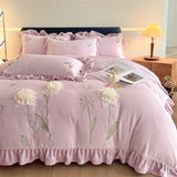 Flowers Embroidery Ruffles Thickened Soft Warm Velvet Bedding Set Queen King Size Plush Duvet Cover Set Bed Sheet Pillowcases