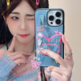 Embroidery Butterfly Jean Cloth Denim Case For iPhone 12 13 14 15 16 Pro Max 11 Phone Case with Pendant Keychain Soft Back Cover