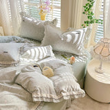 Korean Princess Style Floral Prints Ruffles Bedding Set Double Layer Yarn 100% Cotton Duvet Cover Pillowcases Bed Sheet 4Pcs